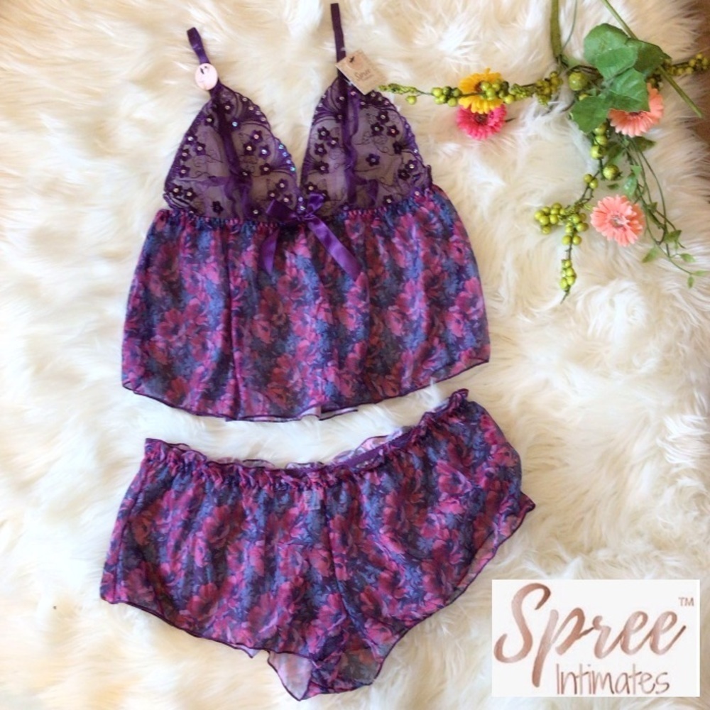 Spree Intimates 2pc Purple Floral Mesh Camisole Babydoll Nightie Set Size XL